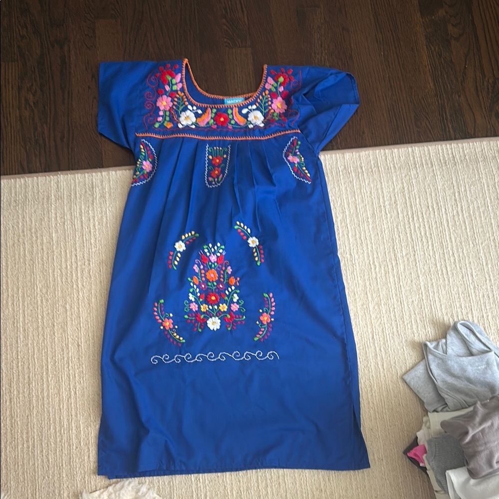 Blue Embroidered Dress with Floral Design